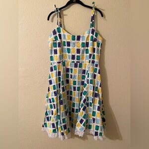 Collectif vintage sundress lace trim watercolor squares spring 2XL pinup dress
